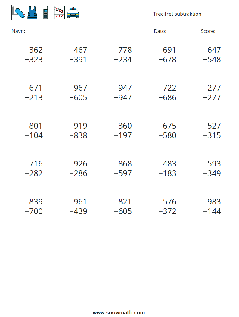 (25) Trecifret subtraktion Matematiske regneark 10