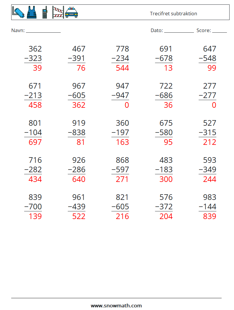 (25) Trecifret subtraktion Matematiske regneark 10 Spørgsmål, svar