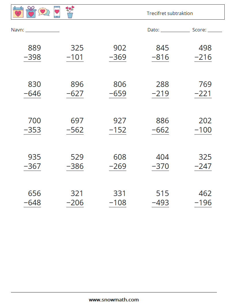(25) Trecifret subtraktion Matematiske regneark 11