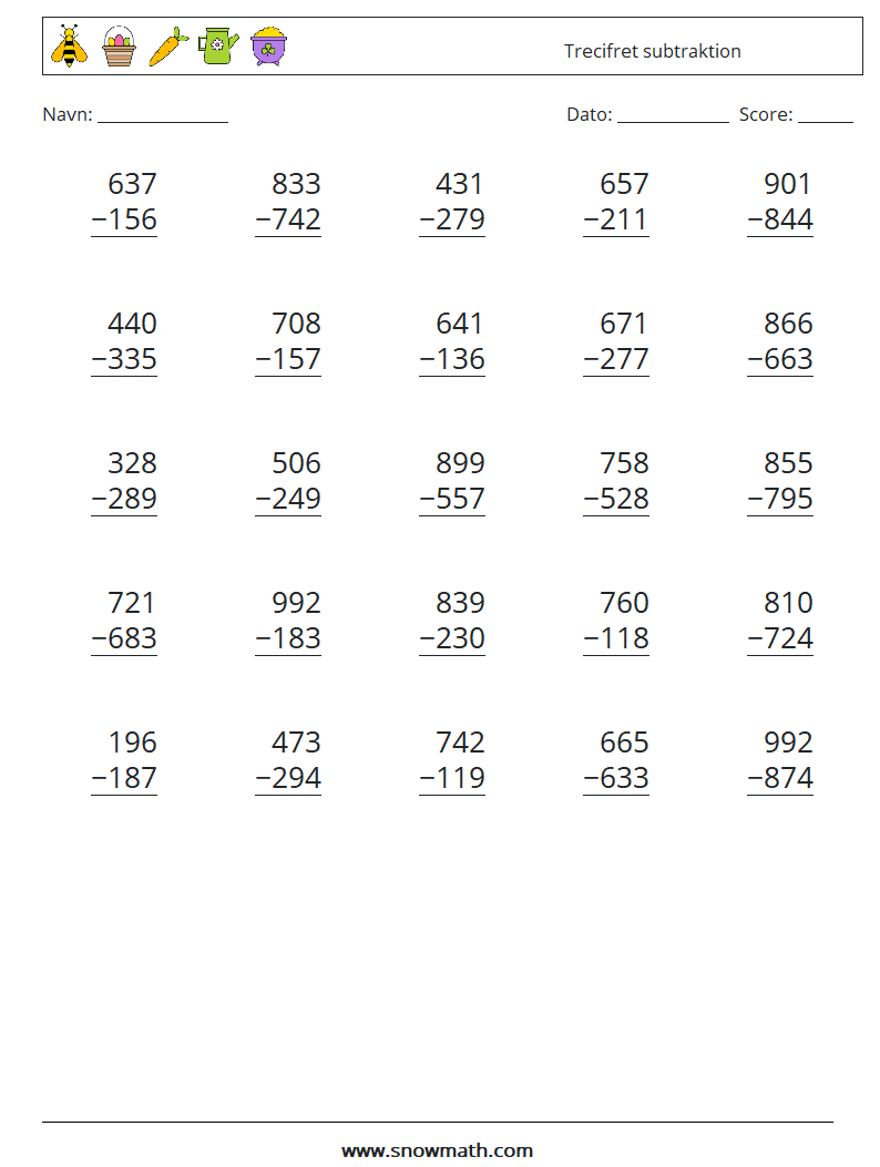 (25) Trecifret subtraktion Matematiske regneark 12