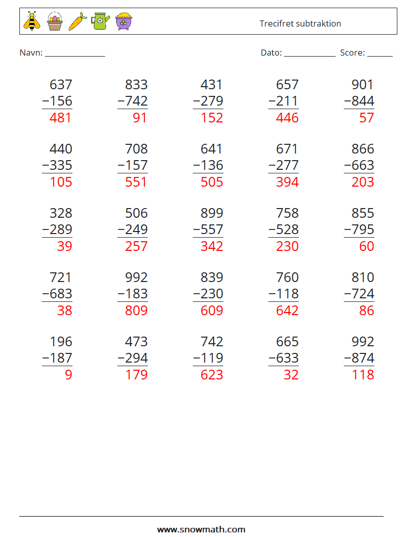 (25) Trecifret subtraktion Matematiske regneark 12 Spørgsmål, svar