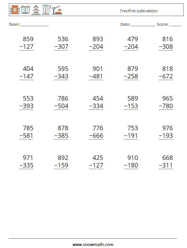 (25) Trecifret subtraktion Matematiske regneark 13