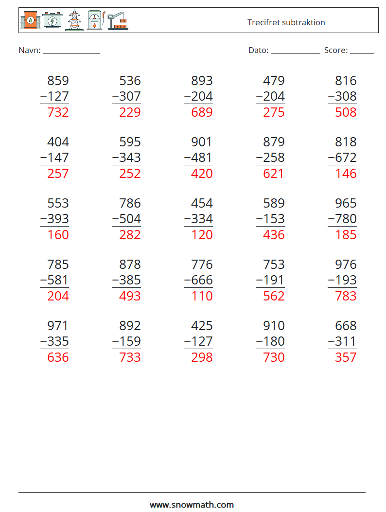 (25) Trecifret subtraktion Matematiske regneark 13 Spørgsmål, svar