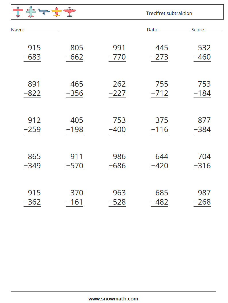 (25) Trecifret subtraktion Matematiske regneark 14
