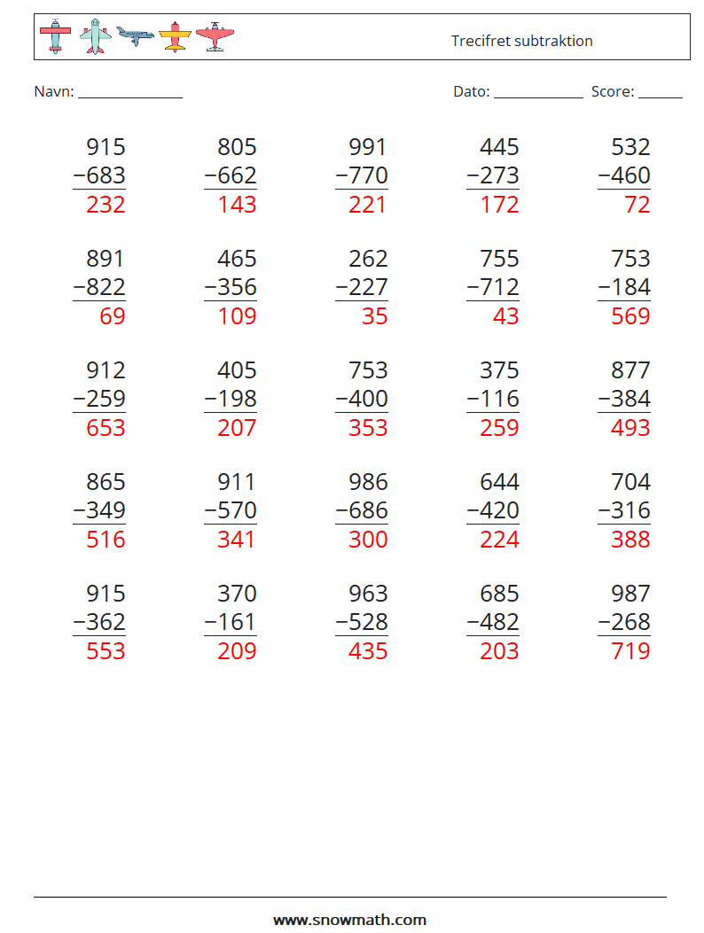 (25) Trecifret subtraktion Matematiske regneark 14 Spørgsmål, svar