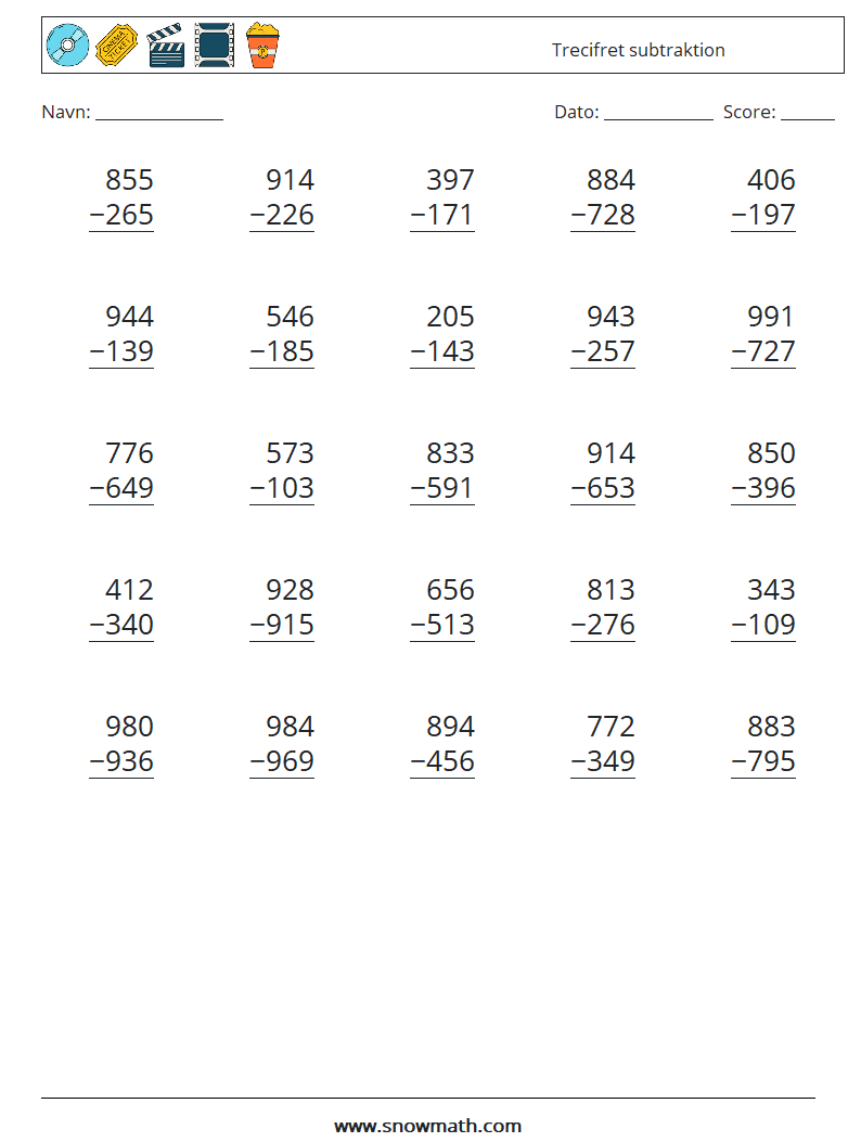(25) Trecifret subtraktion Matematiske regneark 15
