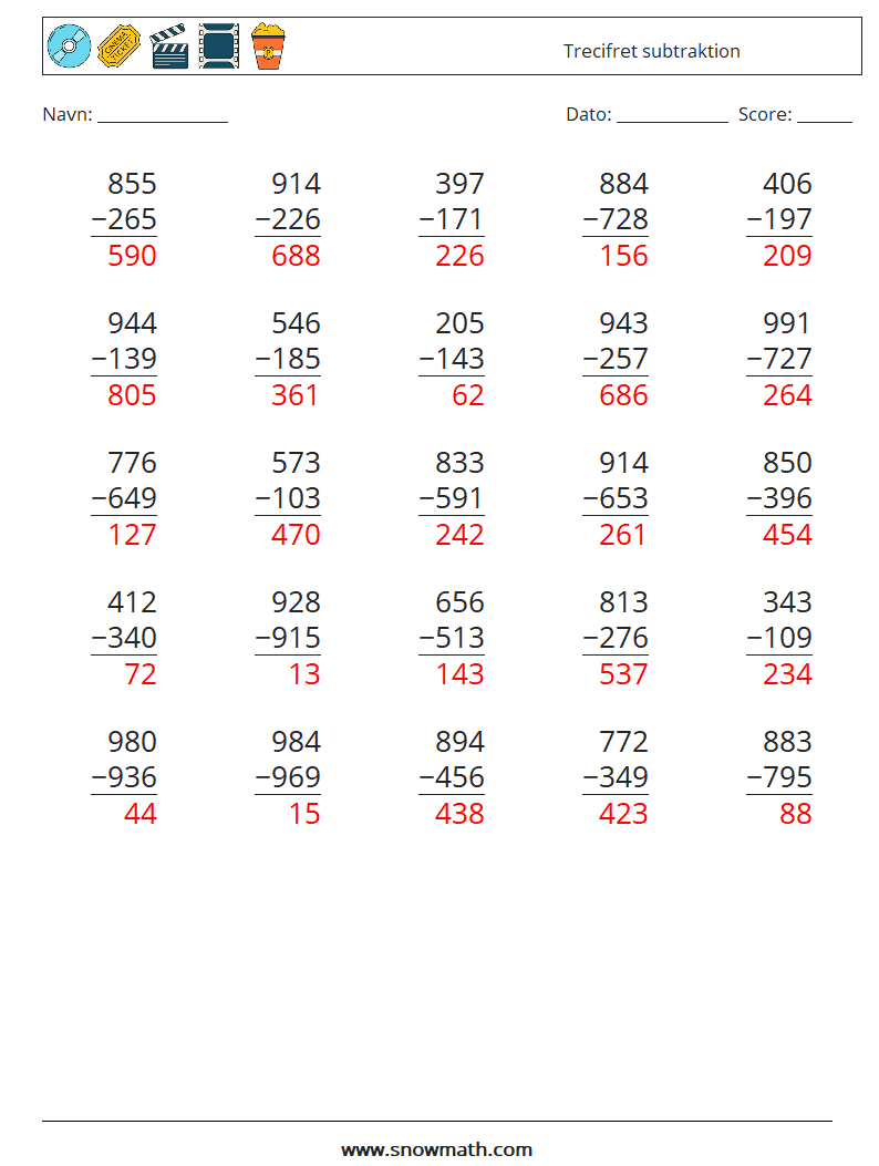 (25) Trecifret subtraktion Matematiske regneark 15 Spørgsmål, svar