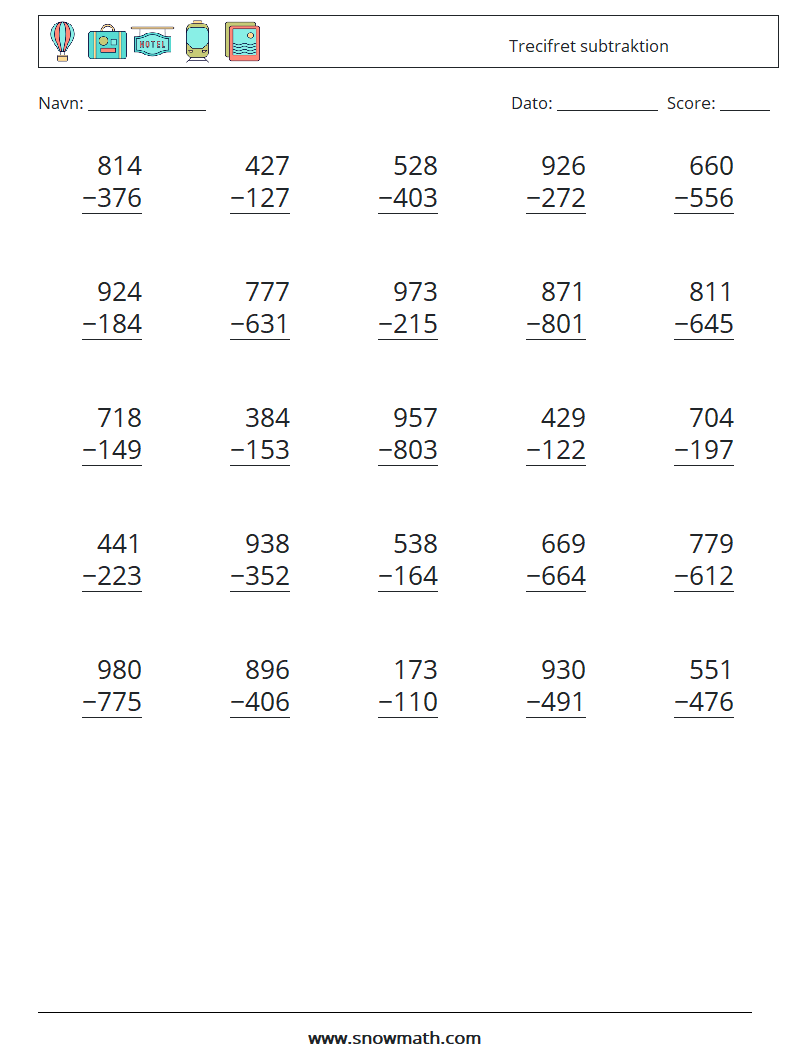 (25) Trecifret subtraktion Matematiske regneark 16