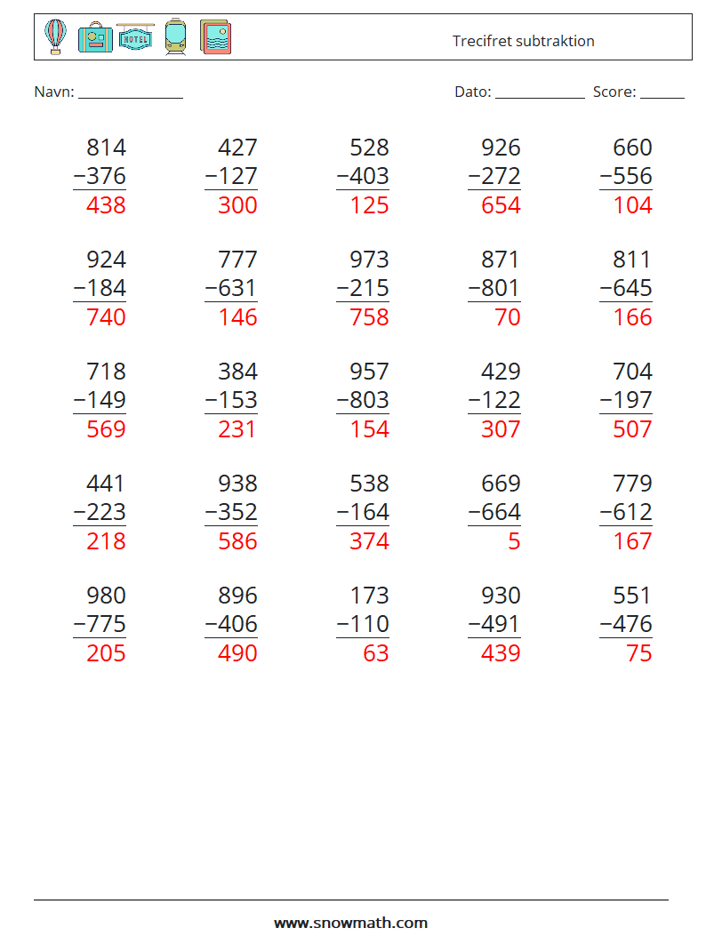 (25) Trecifret subtraktion Matematiske regneark 16 Spørgsmål, svar