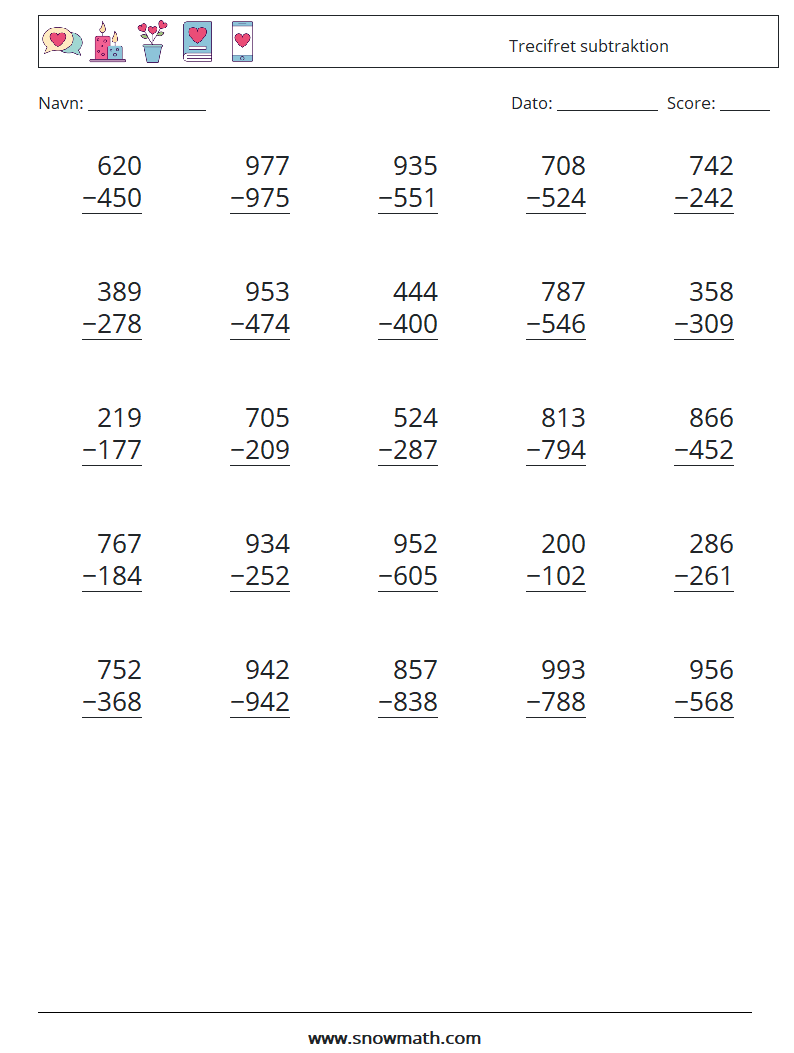 (25) Trecifret subtraktion Matematiske regneark 17