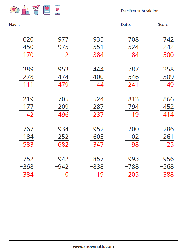 (25) Trecifret subtraktion Matematiske regneark 17 Spørgsmål, svar