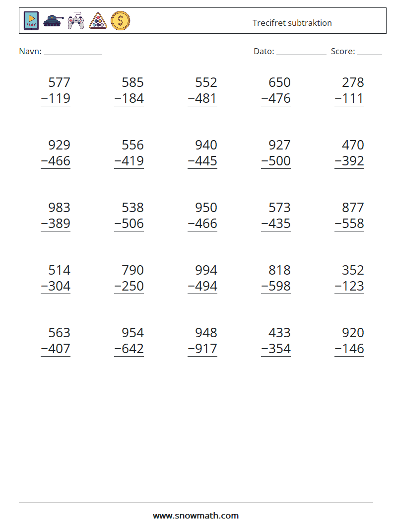 (25) Trecifret subtraktion Matematiske regneark 18