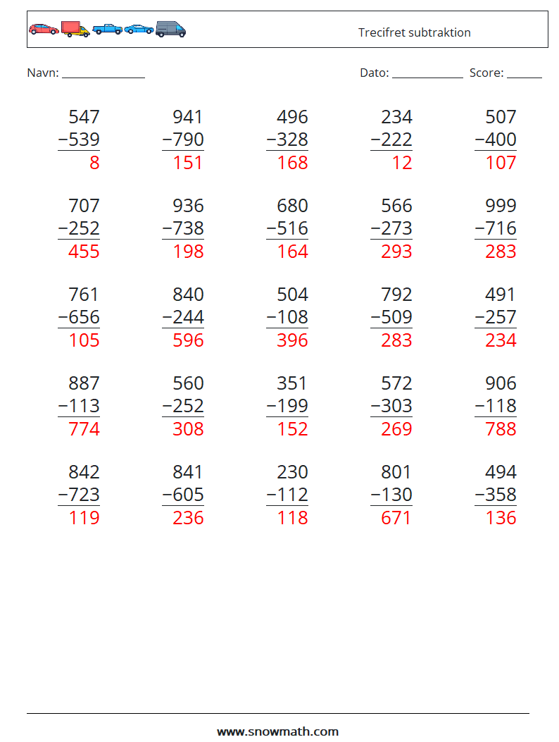 (25) Trecifret subtraktion Matematiske regneark 1 Spørgsmål, svar