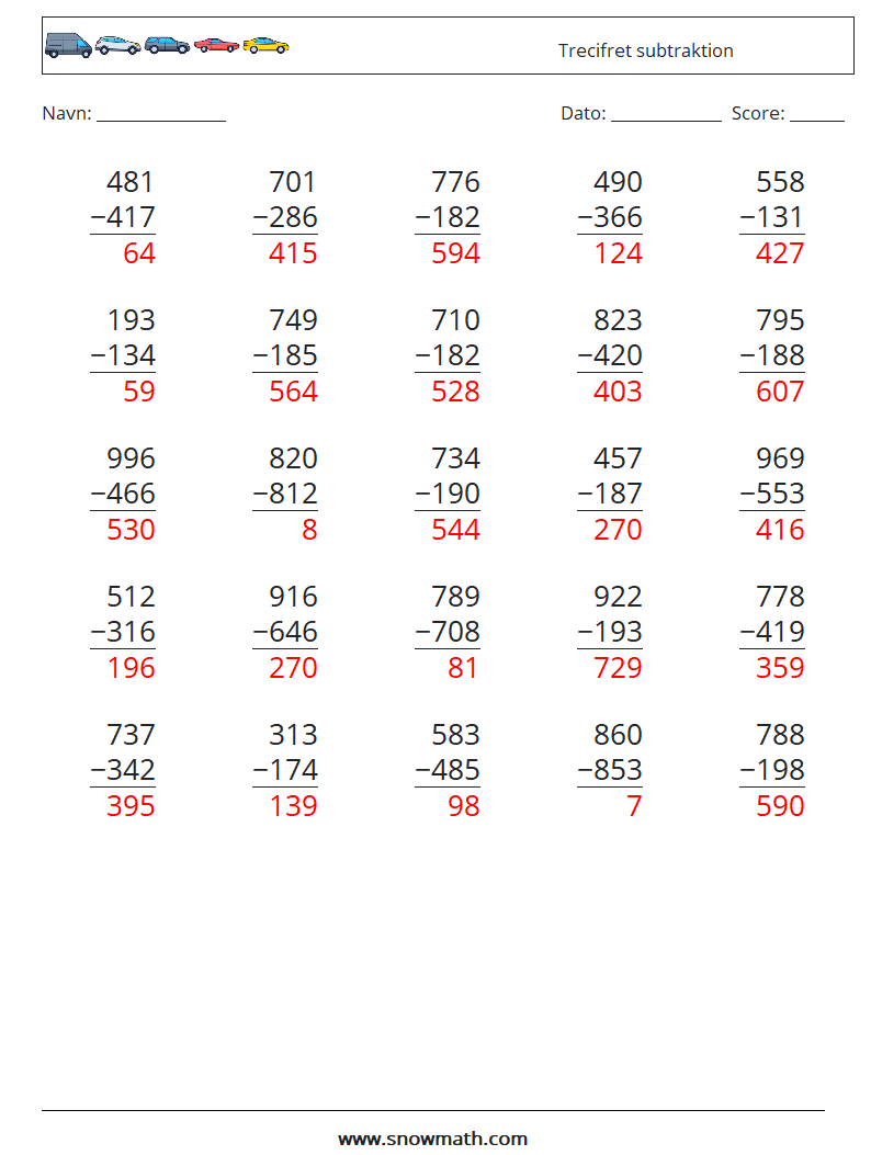 (25) Trecifret subtraktion Matematiske regneark 2 Spørgsmål, svar