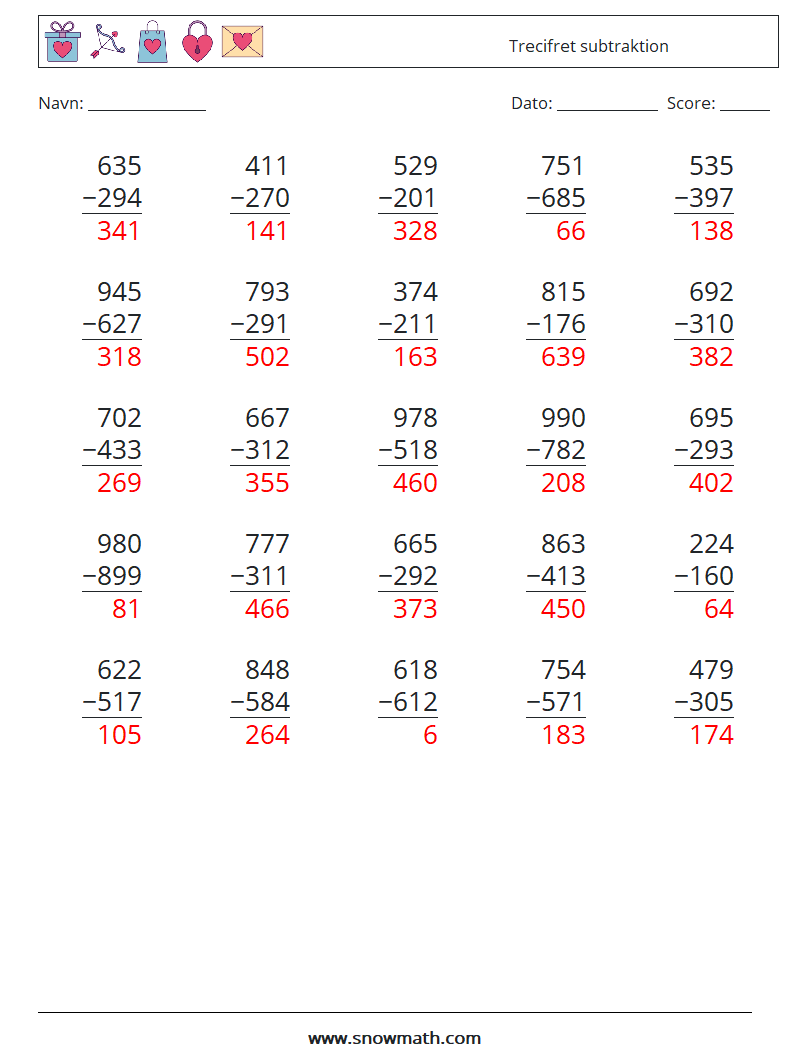 (25) Trecifret subtraktion Matematiske regneark 3 Spørgsmål, svar