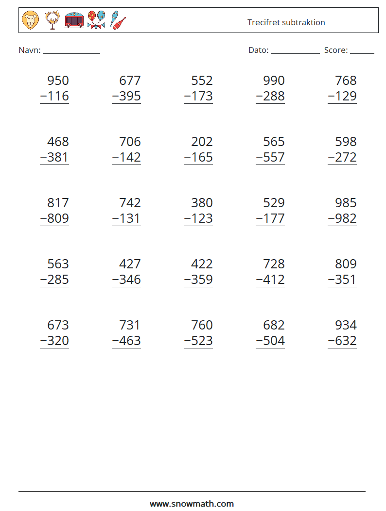 (25) Trecifret subtraktion Matematiske regneark 4