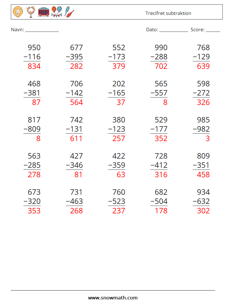 (25) Trecifret subtraktion Matematiske regneark 4 Spørgsmål, svar