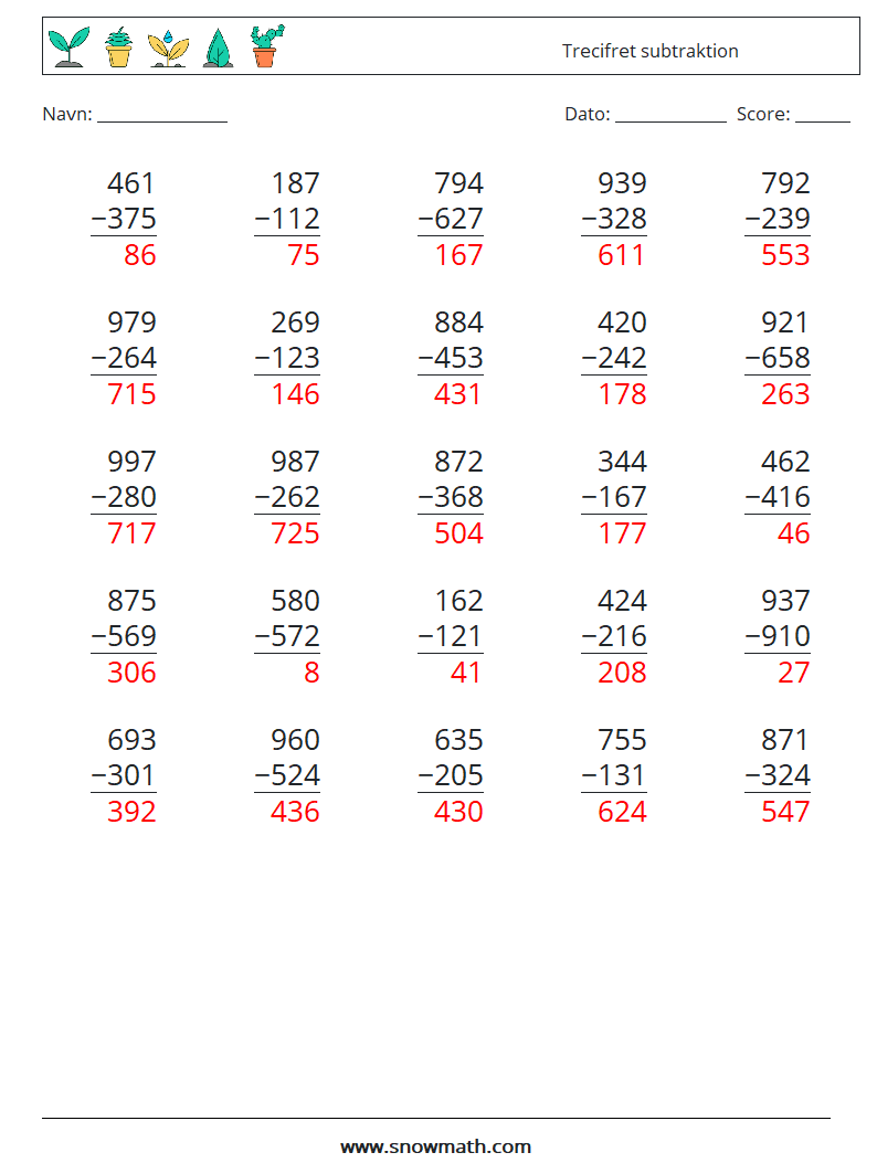 (25) Trecifret subtraktion Matematiske regneark 5 Spørgsmål, svar