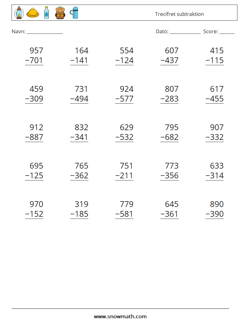 (25) Trecifret subtraktion Matematiske regneark 6