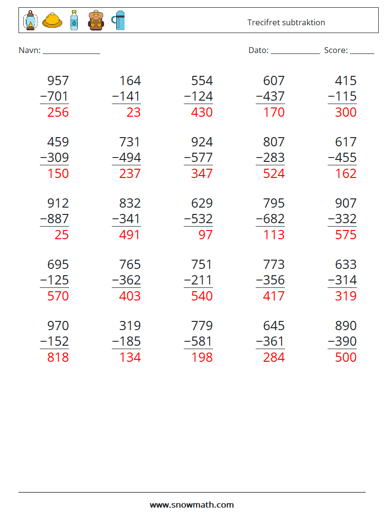 (25) Trecifret subtraktion Matematiske regneark 6 Spørgsmål, svar