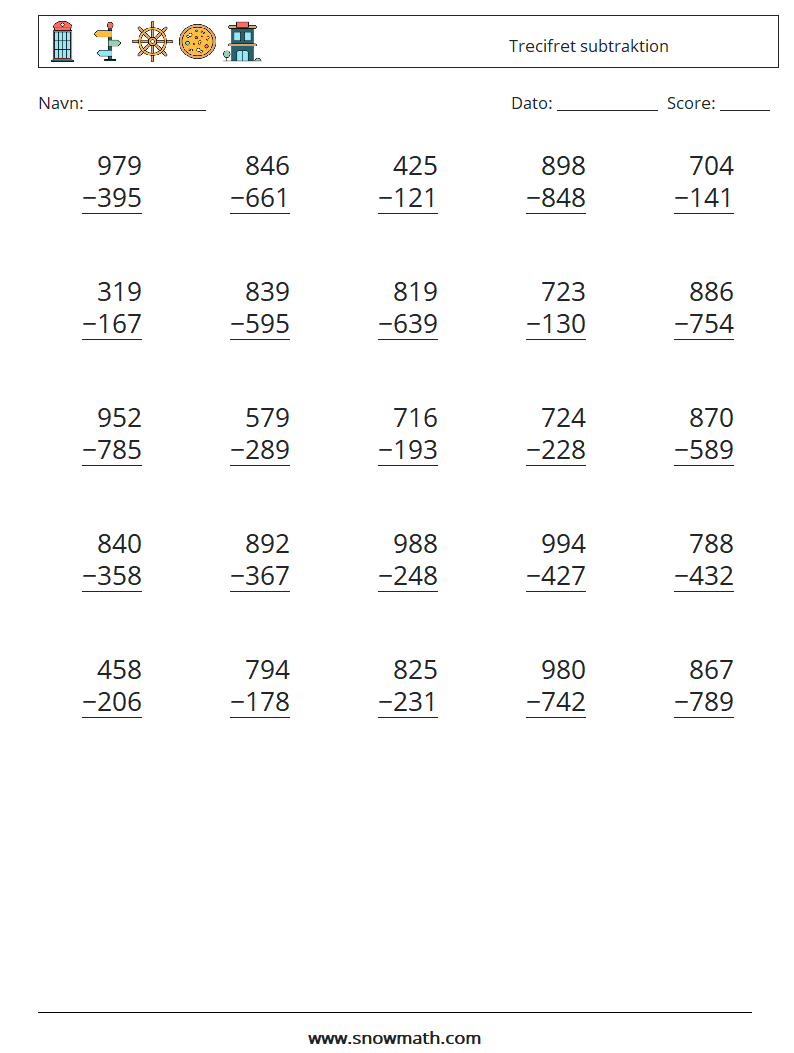 (25) Trecifret subtraktion Matematiske regneark 7
