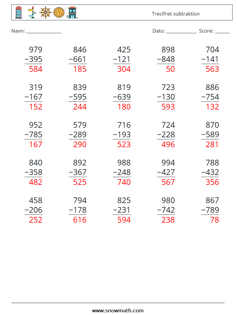 (25) Trecifret subtraktion Matematiske regneark 7 Spørgsmål, svar