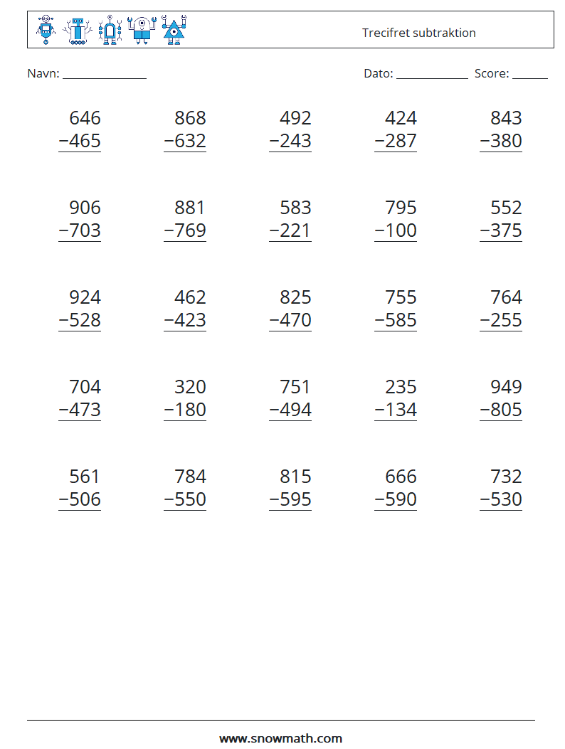 (25) Trecifret subtraktion Matematiske regneark 8