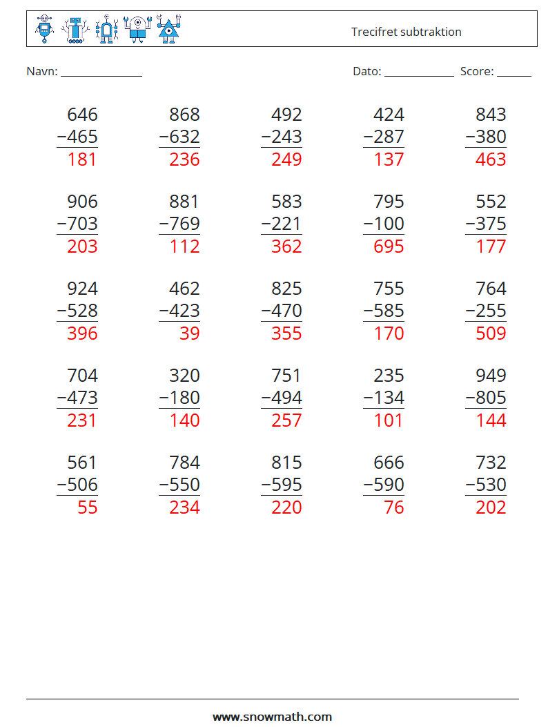 (25) Trecifret subtraktion Matematiske regneark 8 Spørgsmål, svar