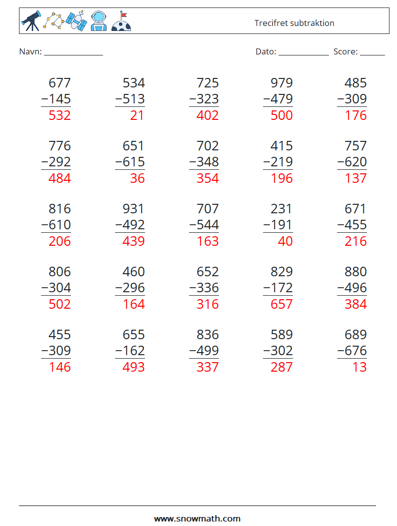 (25) Trecifret subtraktion Matematiske regneark 9 Spørgsmål, svar