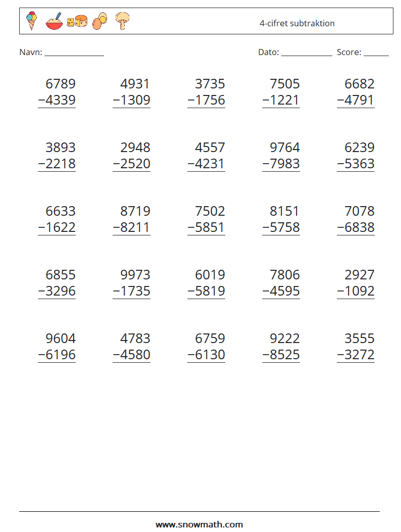 (25) 4-cifret subtraktion Matematiske regneark 10