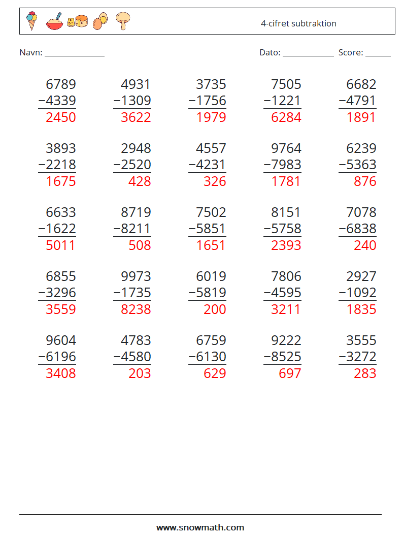 (25) 4-cifret subtraktion Matematiske regneark 10 Spørgsmål, svar