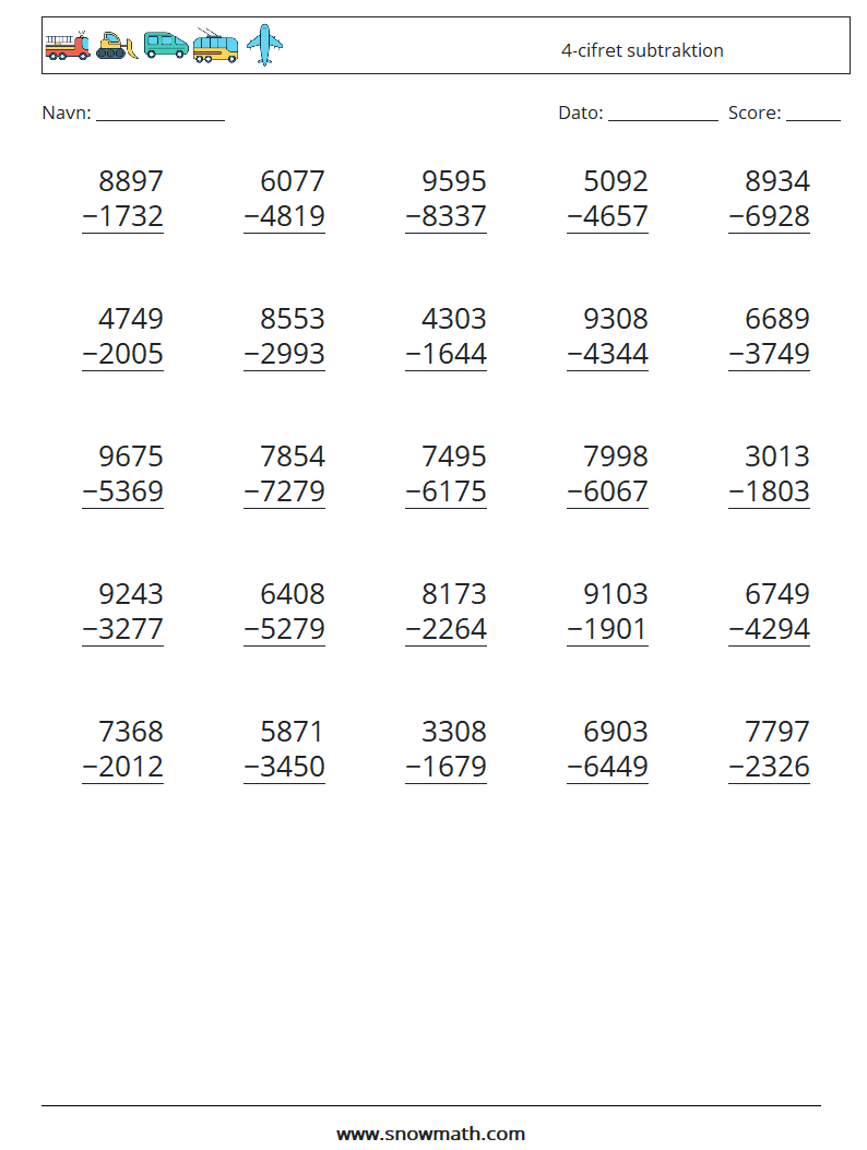 (25) 4-cifret subtraktion Matematiske regneark 12