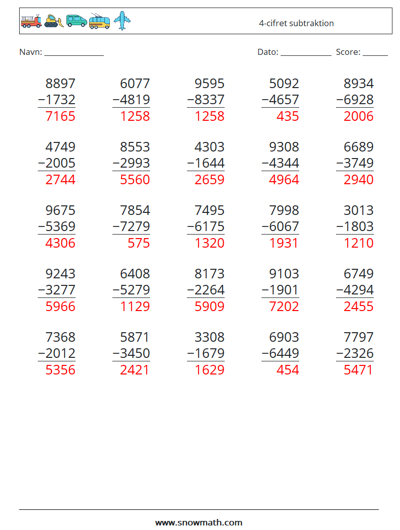(25) 4-cifret subtraktion Matematiske regneark 12 Spørgsmål, svar