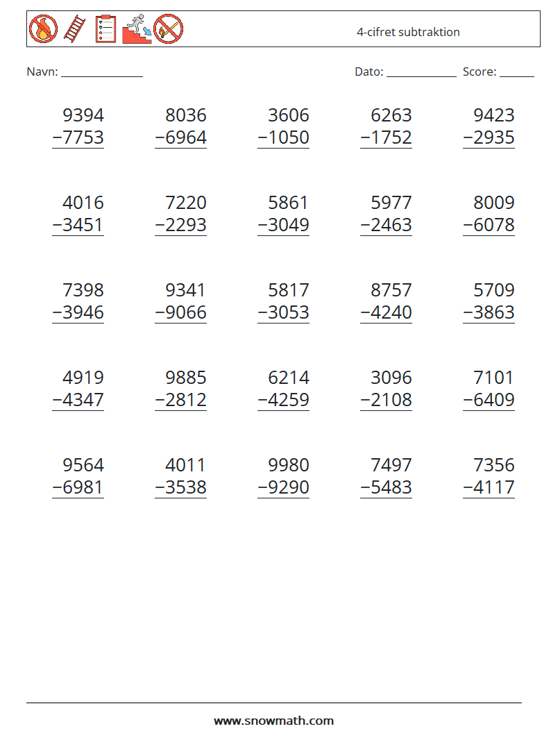 (25) 4-cifret subtraktion Matematiske regneark 13