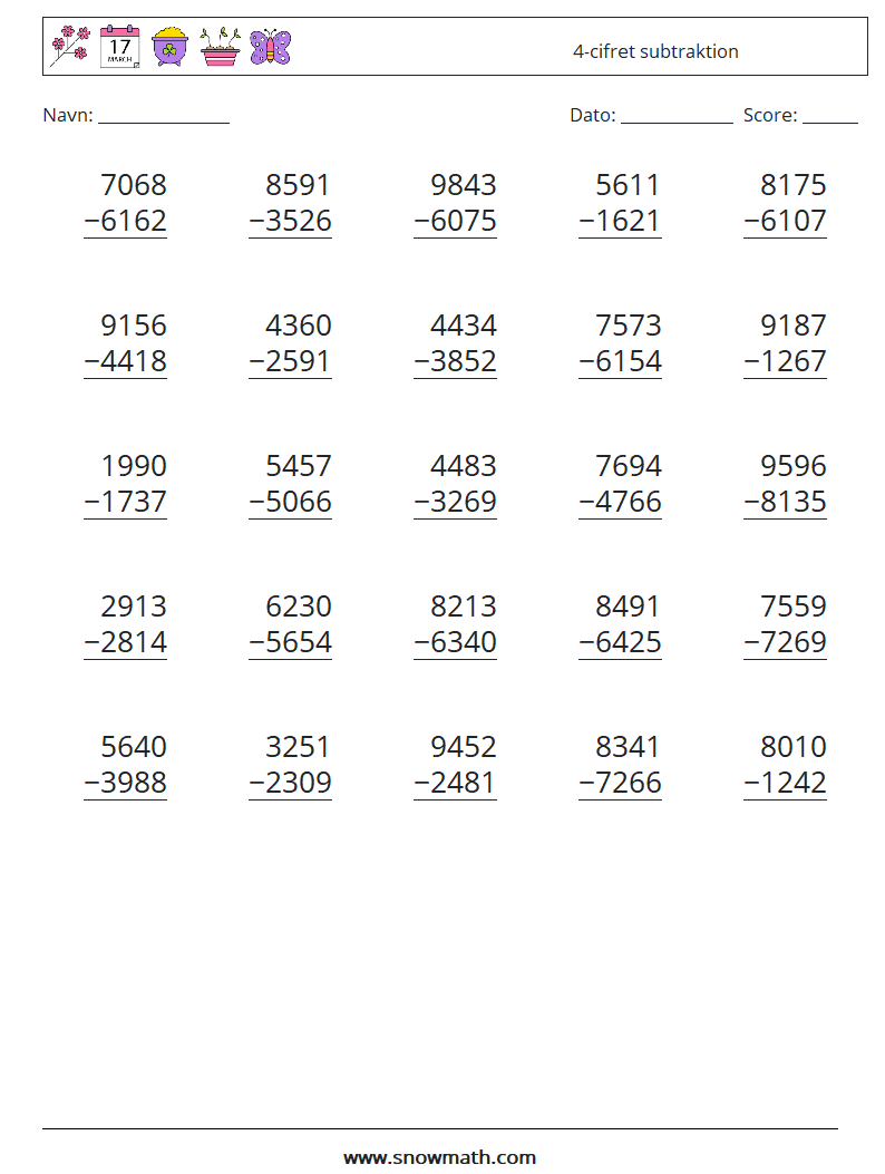 (25) 4-cifret subtraktion Matematiske regneark 14