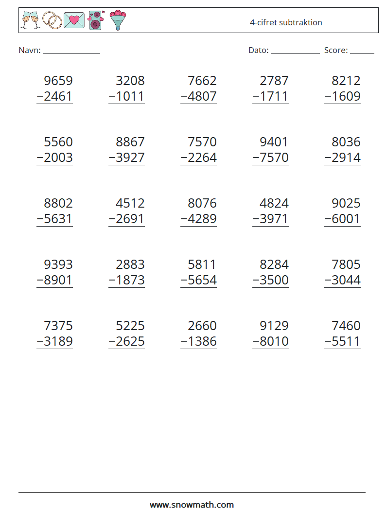 (25) 4-cifret subtraktion Matematiske regneark 15