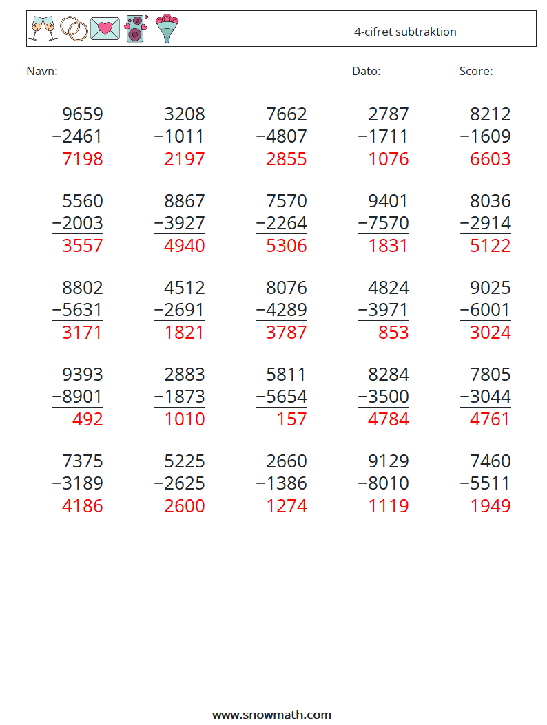 (25) 4-cifret subtraktion Matematiske regneark 15 Spørgsmål, svar