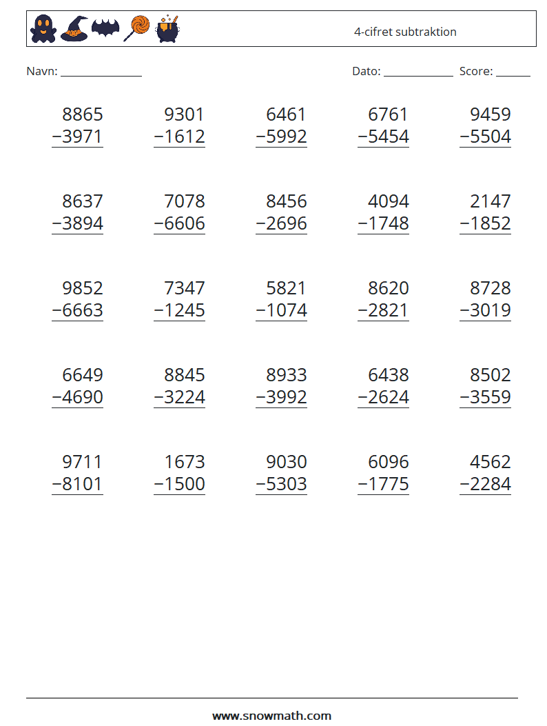 (25) 4-cifret subtraktion Matematiske regneark 16