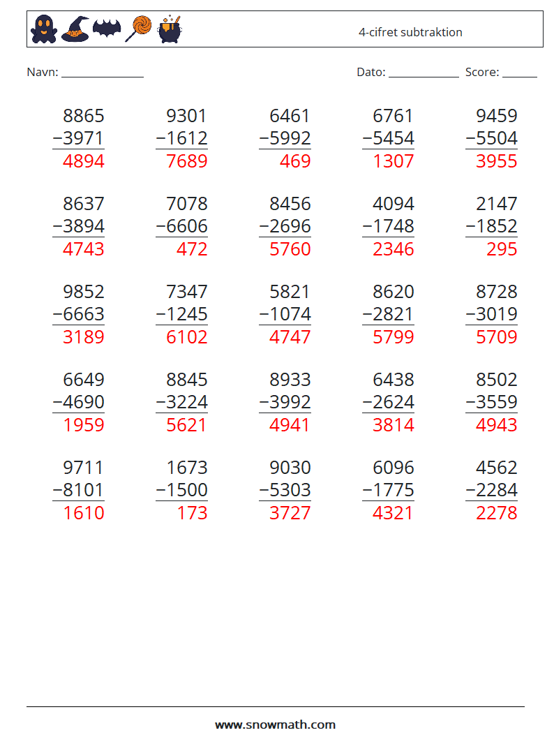 (25) 4-cifret subtraktion Matematiske regneark 16 Spørgsmål, svar