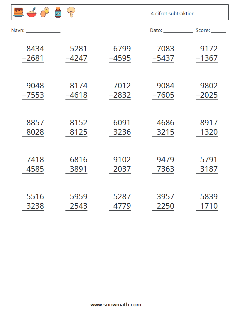 (25) 4-cifret subtraktion Matematiske regneark 17