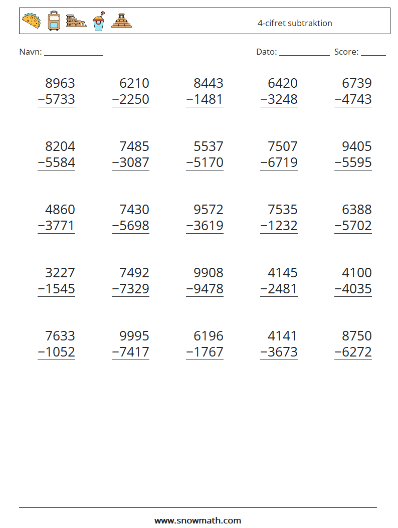 (25) 4-cifret subtraktion Matematiske regneark 18