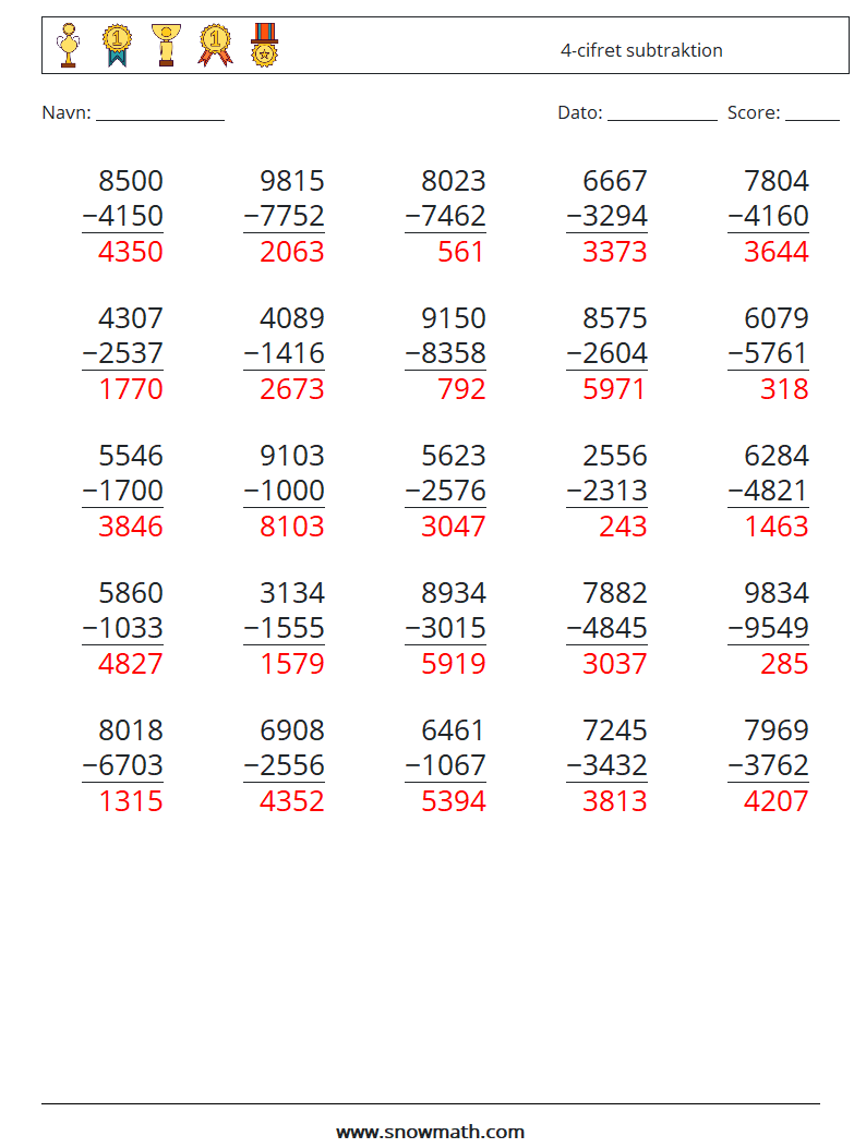 (25) 4-cifret subtraktion Matematiske regneark 1 Spørgsmål, svar