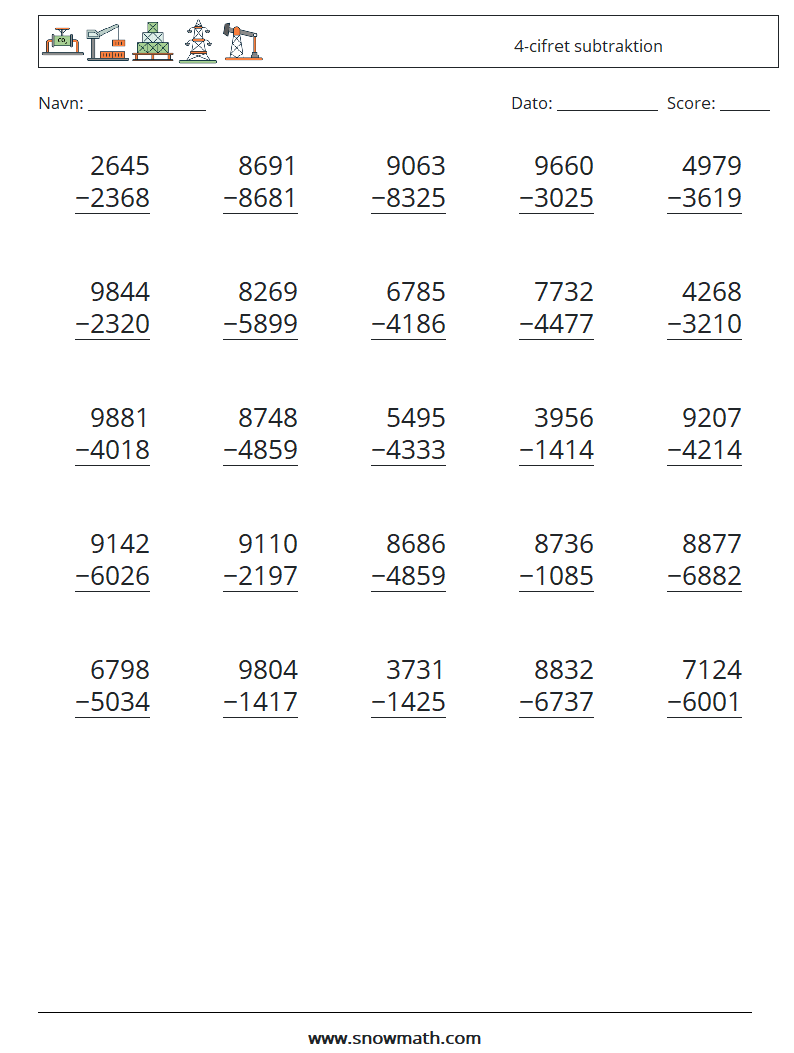 (25) 4-cifret subtraktion Matematiske regneark 2