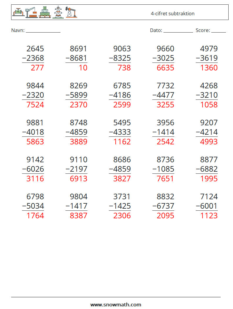 (25) 4-cifret subtraktion Matematiske regneark 2 Spørgsmål, svar