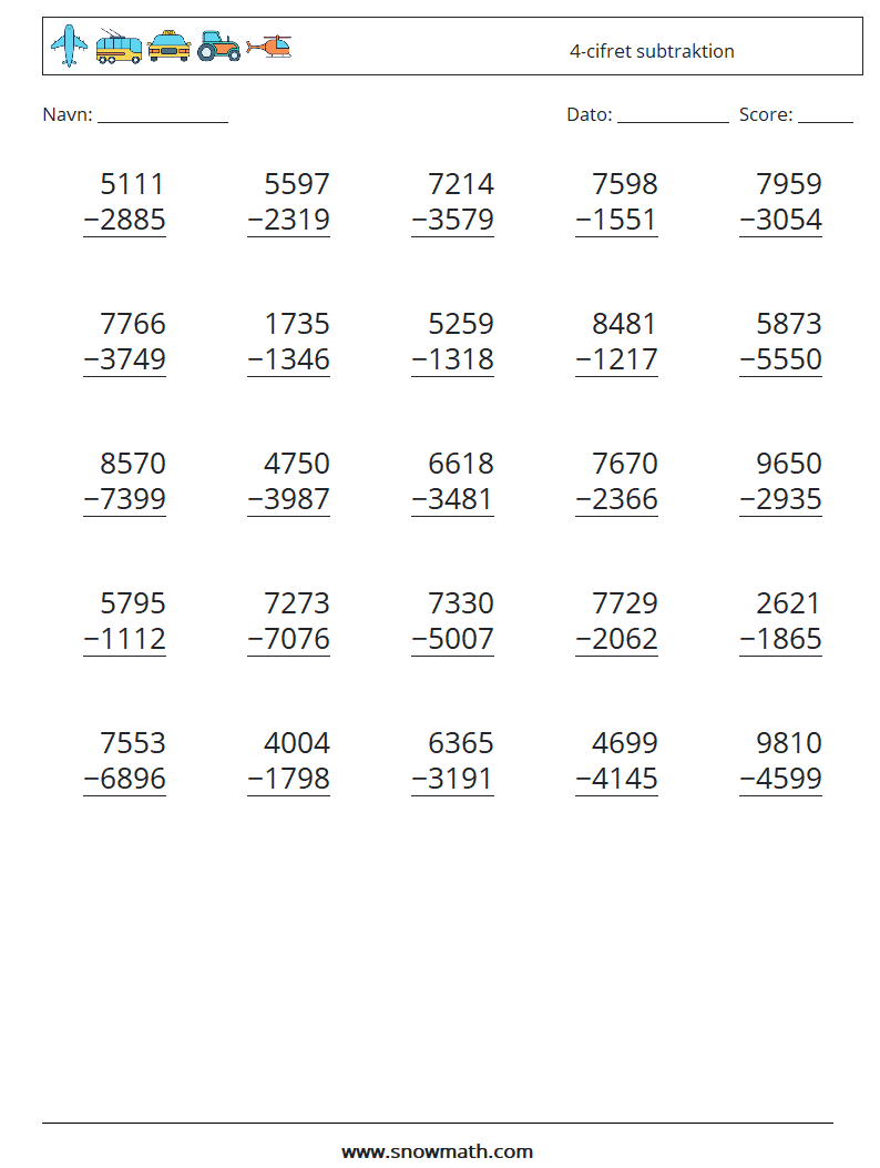 (25) 4-cifret subtraktion Matematiske regneark 3