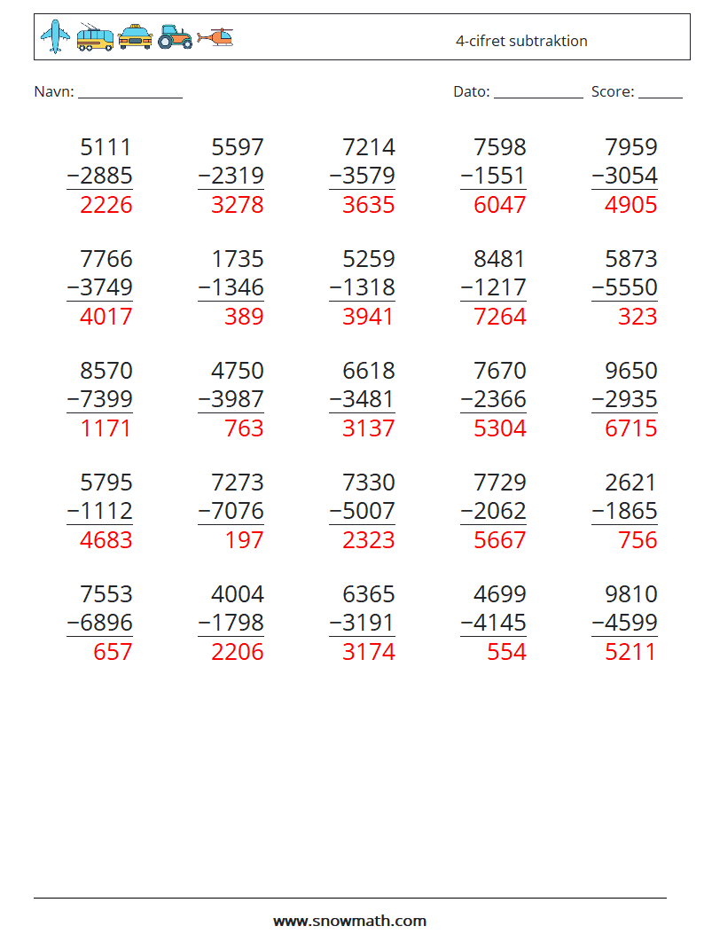 (25) 4-cifret subtraktion Matematiske regneark 3 Spørgsmål, svar