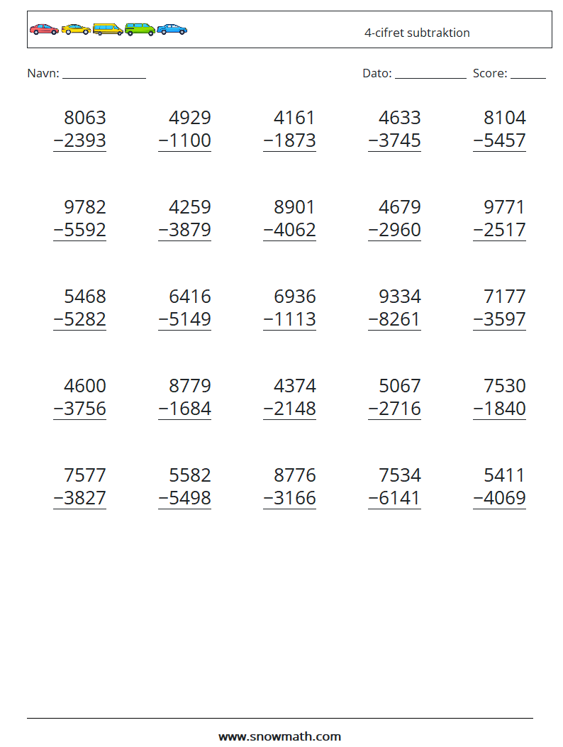 (25) 4-cifret subtraktion Matematiske regneark 4