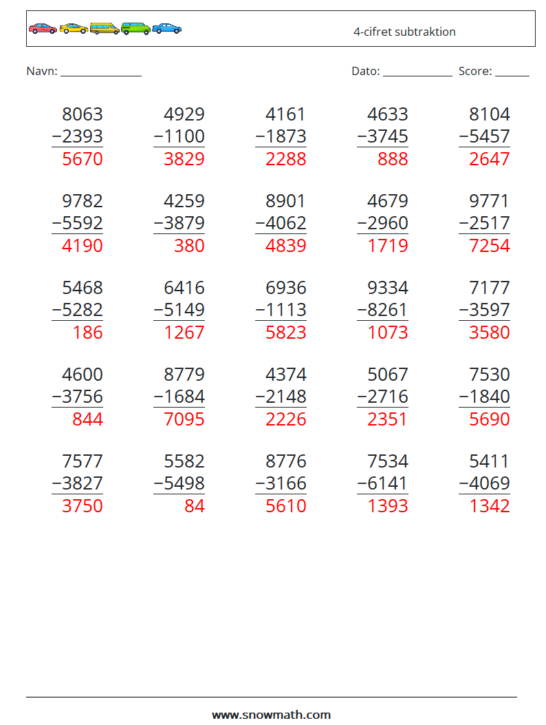 (25) 4-cifret subtraktion Matematiske regneark 4 Spørgsmål, svar