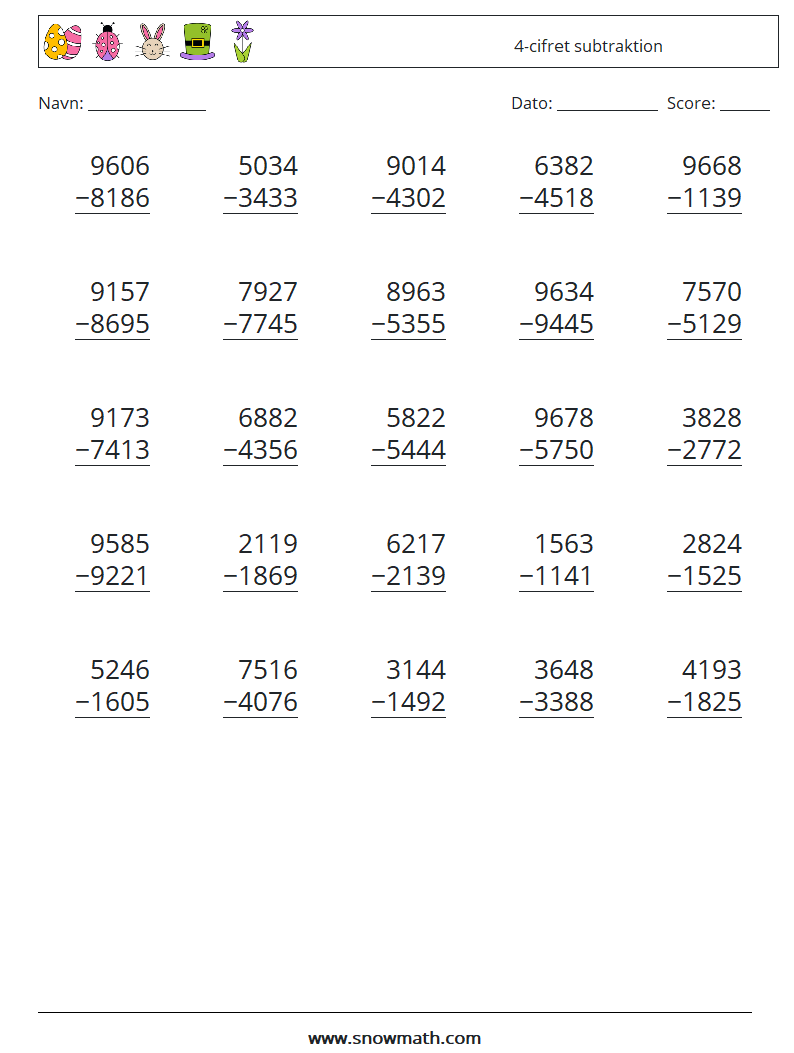 (25) 4-cifret subtraktion Matematiske regneark 5