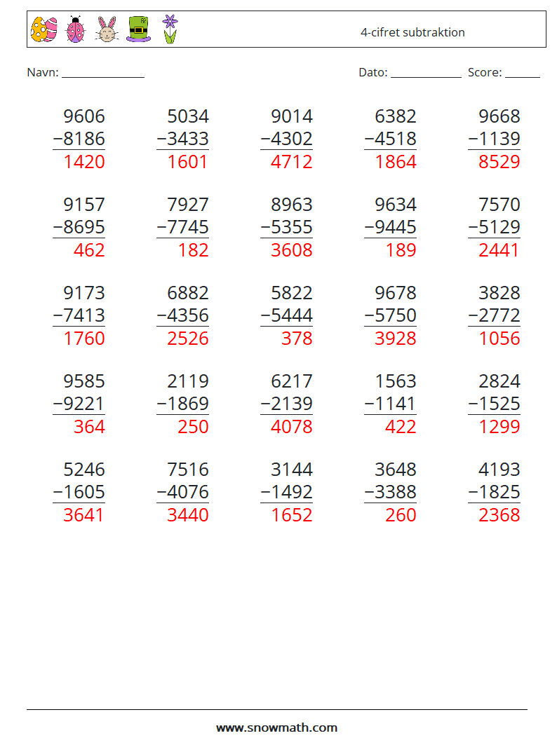 (25) 4-cifret subtraktion Matematiske regneark 5 Spørgsmål, svar